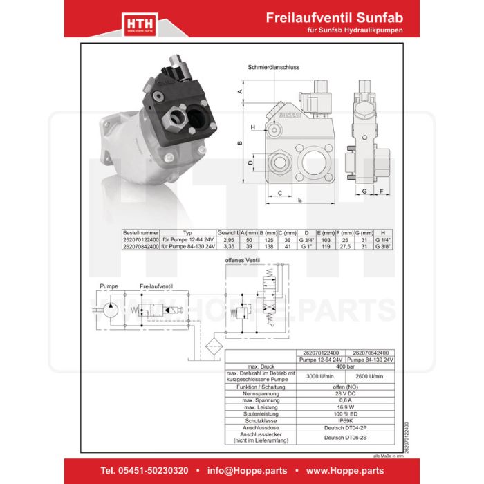 Freilaufventil Sunfab Pumpe 84-130 24V Freilaufventil Sunfab Pumpe 84-130 24V